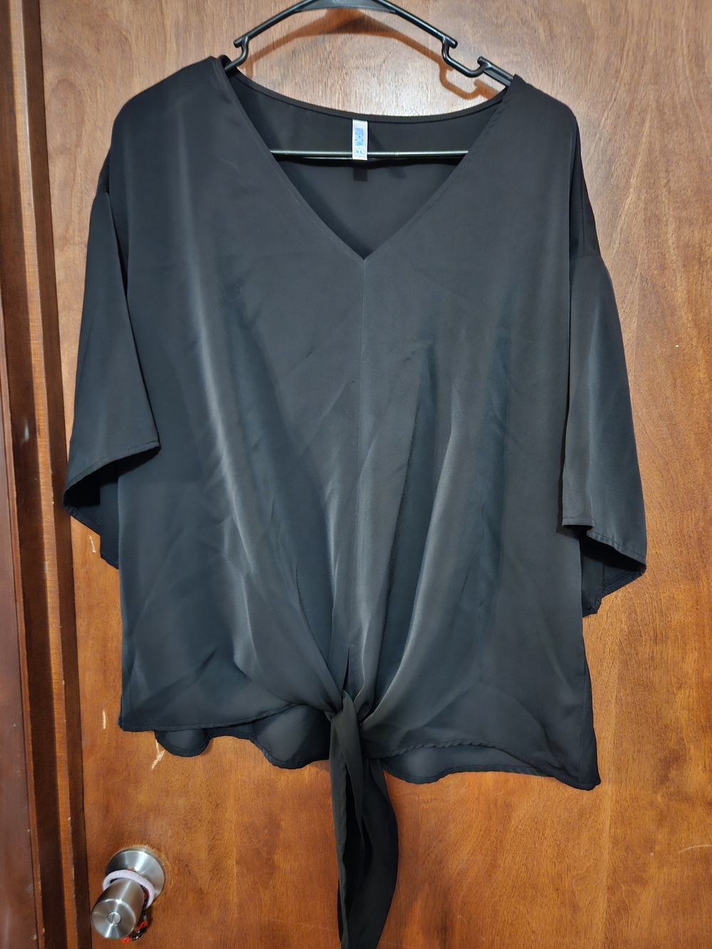 Relaxed Black V-Neck Tie-Front Blouse by